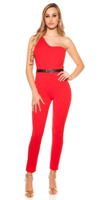 een-schouder jumpsuit met riem rood